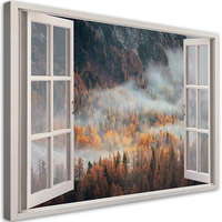  Vászonkép, Ablak nézet erdő a ködben hegyek - 60x40 cm