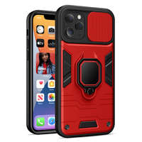 iPhone 13 Pro Max (6.7") ütésálló hátlap tok, PC / TPU tok, kamera védővel, piros-fekete, kitámaszható, Ring Lens