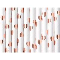 PartyDeco Szívószál fehér-rose gold szívecskés 19,5 cm, 10 db/csomag
