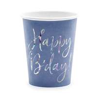 PartyDeco Papír pohár Happy B&#039;day csillámos feliratú kék 2,2 dl, 6 db/csomag