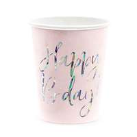 PartyDeco Papír pohár Happy B&#039;day csillámos feliratú púder rózsaszín 2,2 dl, 6 db/csomag