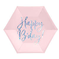 PartyDeco Papír tányér hatszögletű Happy B&#039;day csillámló feliratú púder rózsaszín 20 cm, 6 db/csomag