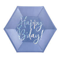 PartyDeco Papír tányér Hatszögletű Happy B&#039;day csillámló feliratú kék 20 cm, 6 db/csomag