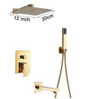 Dusche Fali zuhanyszett falba építhető falsík alatti csaptelep arany kádtöltő, esőztetős zuhanyfej sárgaréz 25 cm, kézi zuhanyfej keverőcsappal