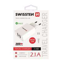 Swissten Swissten hálózati töltő adapter + mikro USB kábel, 2 USB port, Smart IC, 2,1 A, fehér