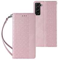 Hurtel Mágneses tok pánttal Samsung Galaxy S22 Ultra Pouch pénztárca + Mini Lanyard medál rózsaszínű