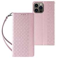 Hurtel Mágneses tok pánttal iPhone 12 Pro Max tok pénztárca + Mini nyaklánc függő rózsaszín