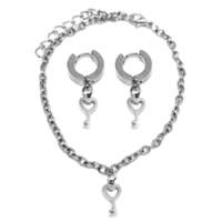 Maria King Szív Kulcs charmos nemesacél karkötő + fülbevaló szett, ezüst színű