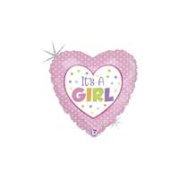  45 cm-es hologramos It&#039;s A Girl pink pöttyös szív alakú fólia lufi