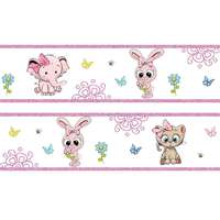 Best4Baby Nyuszi, elefánt, cica állatos rózsaszín csillámos bordűr | 500 cm x 16 cm - babaszoba faldekor...