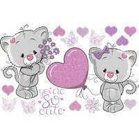 Best4Baby Pink virágos cicák virággal és lufival, szívekkel, lepkékkel falmatrica, csillámos | 16 db-os s...