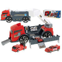 Kik Szállító teherautó TIR 2in1 parkolóház tűzoltóság + 3 autó piros