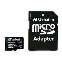 Verbatim VERBATIM Memóriakártya, microSDHC, 32GB, CL10/U1, 90/10 MB/s, adapter, VERBATIM "Premium"