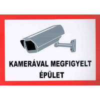 SOLLEYSEC Figyelmeztető tábla, "KAMERÁVAL MEGFIGYELT ÉPÜLET" feliratú és kameraházat ábrázoló képpel, 1 mm-es műanyag tábla.