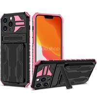 Apple iPhone 12 Pro, Műanyag hátlap védőtok szilikon belső, közepesen ütésálló, kitámasztóval, kártyatartóval, Wooze Transformer, fekete/rózsaszín