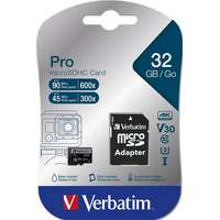 VERBATIM Memóriakártya, microSDHC, 32GB, CL10/U3, 90/45 MB/s, adapter, VERBATIM PRO