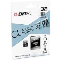 EMTEC Memóriakártya, microSDHC, 32GB, CL10, 20/12 MB/s, adapter, EMTEC "Classic"