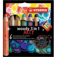 STABILO Színes ceruza készlet, kerek, vastag, STABILO "Woody ARTY 3 in 1", 6 különböző szín