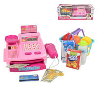 MK Toys Rózsaszín elektronikus pénztárgép számoló funkcióval, áruval és bevásárlókosárral