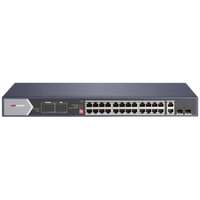 Hikvision 28 portos Gbit PoE switch (370 W); 20 PoE+ / 4 HiPoE / 2 RJ45 + 2 SFP uplink port