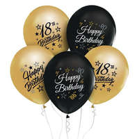 Születésnap Színes Gold-Black Happy Birthday 18 léggömb, lufi 5 db-os