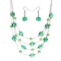 MariaKing Szögletes gyöngy többsoros nyaklánc fülbevalóval, zöld