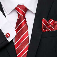 MariaKing Pirosas bordó csíkos selyem nyakkendő mandzsettagombbal és díszzsebkendővel