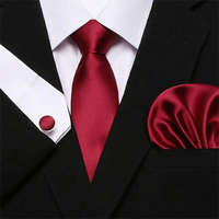MariaKing Pirosas bordó selyem nyakkendő mandzsettagombbal és díszzsebkendővel