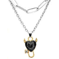 MariaKing Dupla rozsdamentes acél nyaklánc ezüst színben, fekete ördög szív medállal