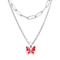 MariaKing Dupla rozsdamentes acél nyaklánc ezüst színben, piros pillangó medállal