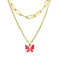 MariaKing Dupla rozsdamentes acél nyaklánc arany színben, piros pillangó medállal