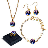 MariaKing Világűr kék üveglencsés (lánc, karkötő, fülbevaló, gyűrű) szett II, arany és ezüst színben