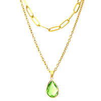 MariaKing Dupla rozsdamentes acél nyaklánc arany színben, zöld kristály csepp medállal
