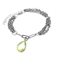 MariaKing Háromsoros divat karkötő zöld kristály csepp charmmal, ezüst színű