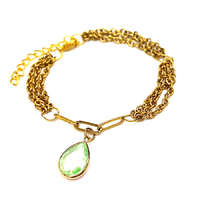 MariaKing Háromsoros divat karkötő zöld kristály csepp charmmal, arany színű