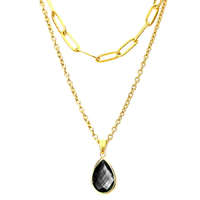 MariaKing Dupla rozsdamentes acél nyaklánc arany színben, fekete kristály csepp medállal