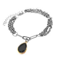 MariaKing Háromsoros divat karkötő fekete kristály csepp charmmal, ezüst színű