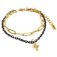 MariaKing Kristályos kereszt díszes rozsdamentes acél dupla karkötő, arany-fekete színű