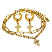 MariaKing Kristályos kereszt díszes rozsdamentes acél dupla karkötő + fülbevaló szett, arany színű