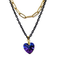 MariaKing Dupla rozsdamentes acél nyaklánc arany-fekete színben, kék kristály szív medállal
