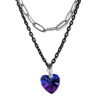 MariaKing Dupla rozsdamentes acél nyaklánc ezüst-fekete színben, kék kristály szív medállal