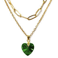 MariaKing Dupla rozsdamentes acél nyaklánc arany színben, zöld kristály szív medállal