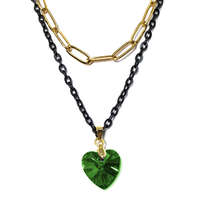 MariaKing Dupla rozsdamentes acél nyaklánc arany-fekete színben, zöld kristály szív medállal