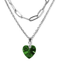 MariaKing Dupla rozsdamentes acél nyaklánc ezüst színben, zöld kristály szív medállal