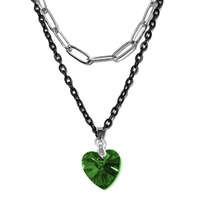 MariaKing Dupla rozsdamentes acél nyaklánc ezüst-fekete színben, zöld kristály szív medállal