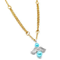 MariaKing Őrangyal medál kék mesterséges gyöngyökkel, arany színű kétsoros nyaklánccal