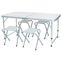 Kempingasztal szett, 1 összecsukható, állítható magasságú asztallal és 4 székkel, fehér, fémvázas, hordozható kivitel, 30 kg teherbírás