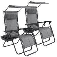 Zéró gravitációs kerti szék napellenzővel és pohártartóval, 2 db, szürke, dönthető háttámla, állítható fejpárna, 100 kg teherbírás, összecsukható kialakítás