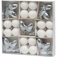 MagicHome MagicHome karácsonyfadísz készlet, 21 darabos, fehér-ezüst színű, mix (gömb és makk), fényes és csillámos felülettel
