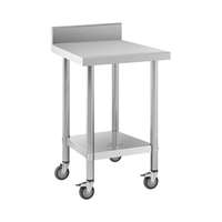 Royal Catering Rozsdamentes acél asztal kerekekkel - PREMIUM - 60 x 60 cm - 120 kg - hátsó perem - Royal Catering